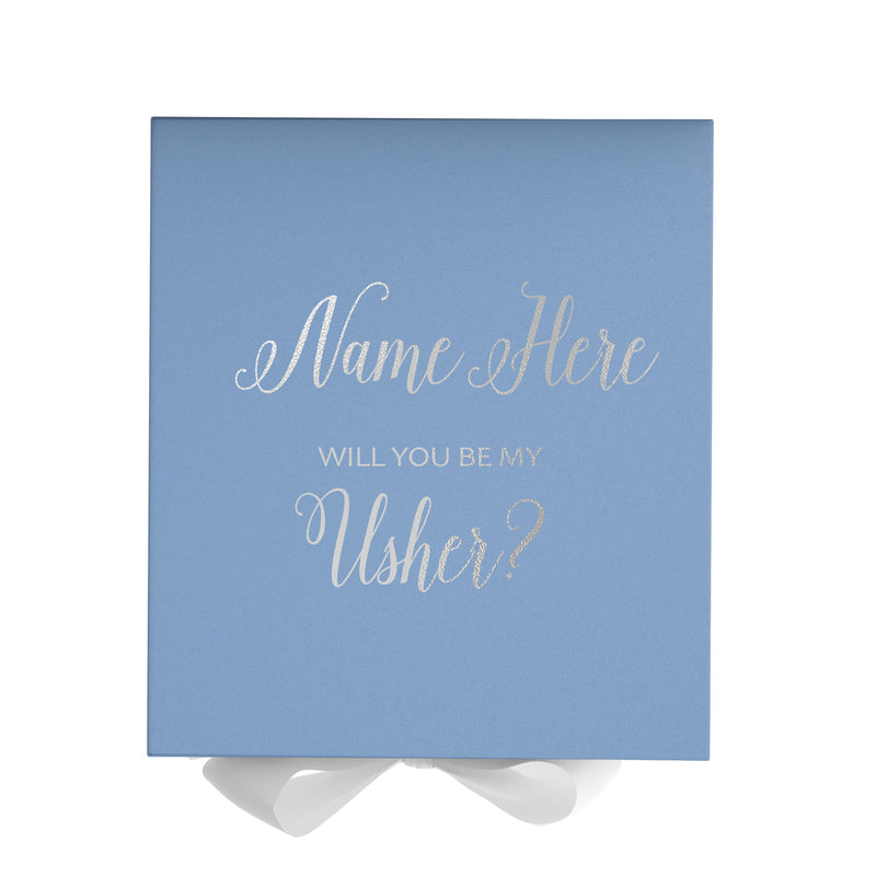 Personalized Will You Be My Usher  Box? Proposal Box Light Blue w/ Bow white - No Border
