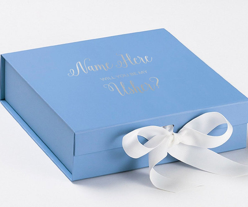 Personalized Will You Be My Usher  Box? Proposal Box Light Blue w/ Bow white - No Border