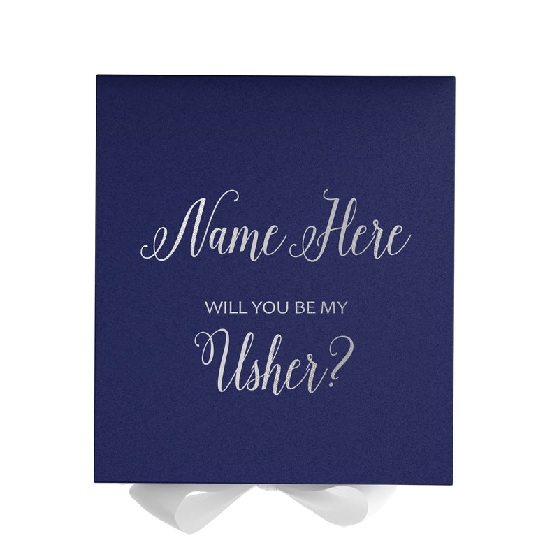 Personalized Will You Be My Usher  Box? Proposal Box Navy Blue w/ Bow white - No Border