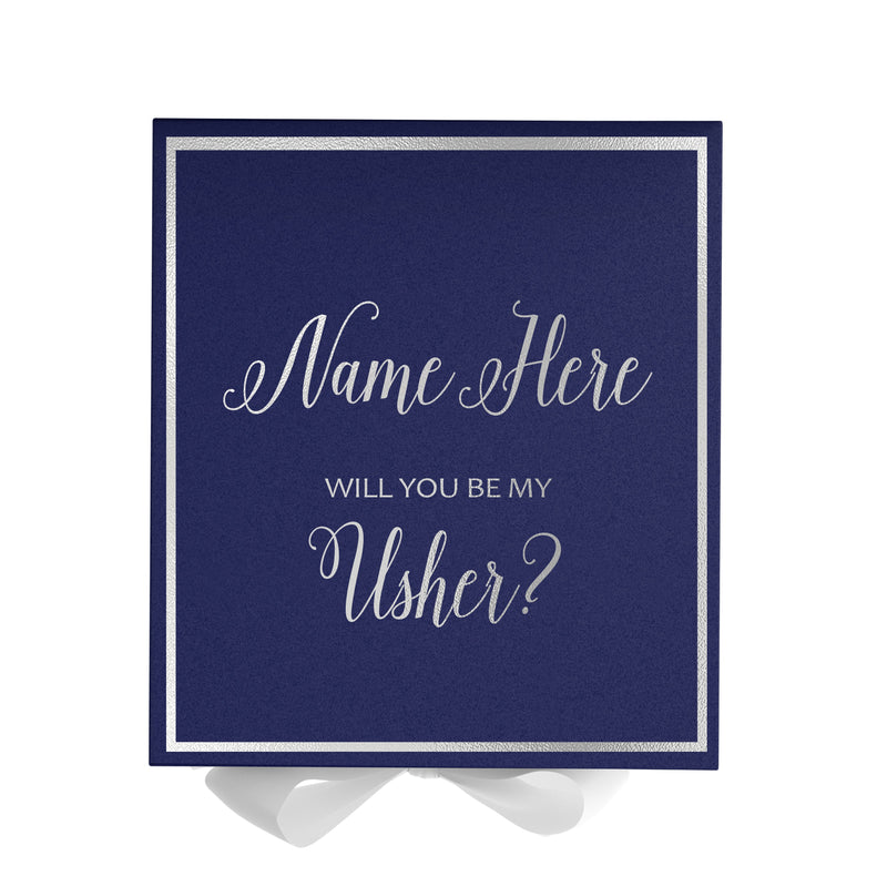 Personalized Will You Be My Usher  Box? Proposal Box Navy Blue w/ Bow white -  Border