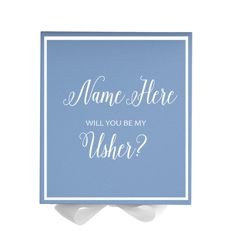 Personalized Will You Be My Usher  Box? Proposal Box Light Blue w/ Bow white -  Border