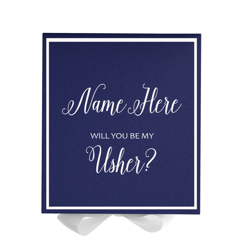 Personalized Will You Be My Usher  Box? Proposal Box Navy Blue w/ Bow white -  Border